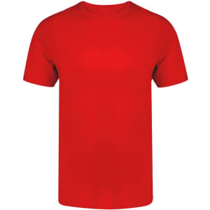 A red adult T-shirt featuring a standard crew neck and short sleeves, with a logo present.