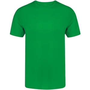 A green adult t-shirt with a round neck and short sleeves. It features a logo on the front.