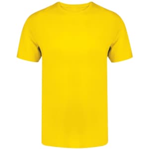 A bright yellow adult T-shirt with a classic crew neck and short sleeves, featuring a logo on the front.