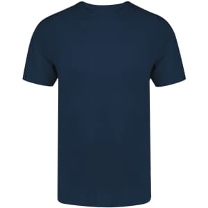 A navy blue adult t-shirt with a round neckline and short sleeves. It features a logo on the front.