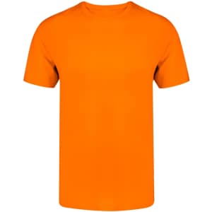 An orange adult T-shirt featuring a simple design and short sleeves. It has a logo on it.