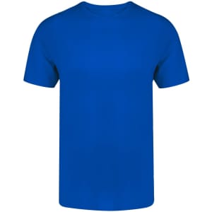 A blue adult t-shirt made of soft fabric, featuring a round neck and short sleeves, with a logo on it.