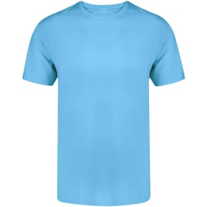A turquoise adult colour T-shirt with a crew neck and short sleeves, featuring a logo.