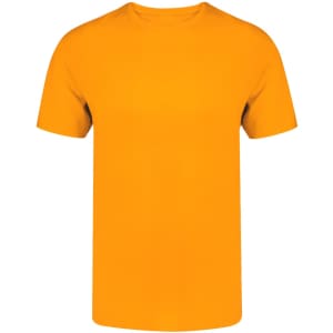An orange adult t-shirt with a blank front and short sleeves, featuring a logo on one side.