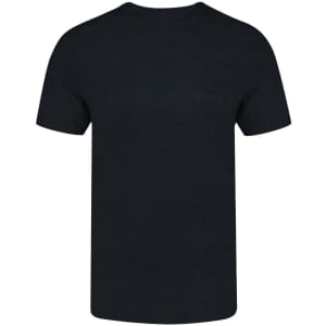 A black adult colour T-shirt with a crew neckline and short sleeves, featuring a logo on the front.