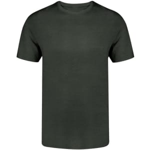 A dark green adult t-shirt with short sleeves and a crew neckline, featuring a logo.