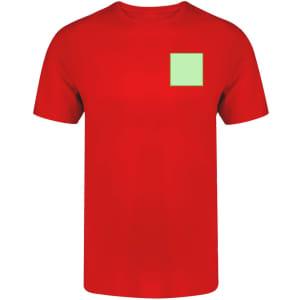 A red adult T-shirt featuring a green square patch on the front and a logo on the left side.