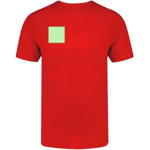 A red adult T-shirt featuring a green square patch and a logo on the left chest area.