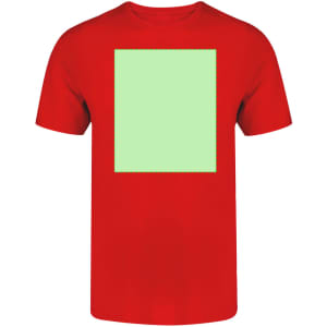 A red adult t-shirt featuring a blank green square for custom designs, with a logo on it.