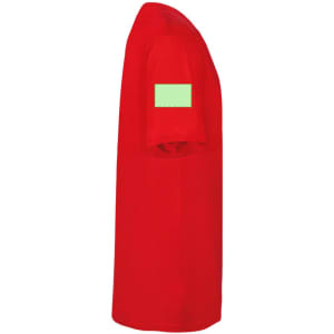 A red adult T-shirt with a short sleeve and a blank area on the sleeve, featuring a logo on the front.