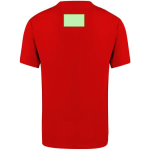 A red adult T-shirt featuring a plain back and a logo at the upper back.