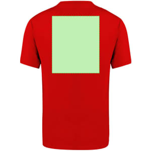 A red adult T-shirt featuring a blank green square on the back and a logo on the front.