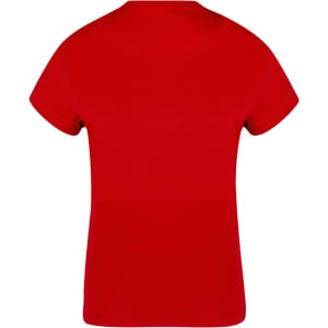 A red women's t-shirt with a simple design and short sleeves, featuring a logo on the back.
