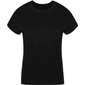 A black T-shirt with a classic crew neckline and short sleeves, featuring a logo on one side.