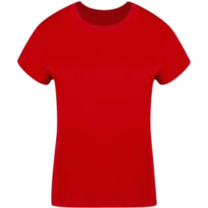 A red women's T-shirt with short sleeves and a rounded neckline, featuring a logo on the front.