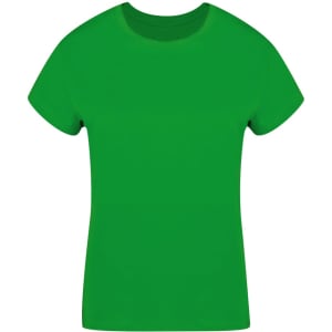 A bright green women's T-shirt featuring a classic crew neck design and short sleeves. It has a logo.