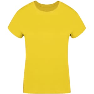 A yellow women's T-shirt with a round neckline and short sleeves. It features a logo on the design.