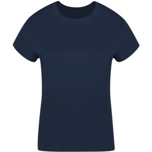 A navy women's t-shirt featuring a classic crew neckline and short sleeves. Includes a branding logo.