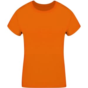 An orange T-shirt featuring a round neck and short sleeves, complete with a logo.
