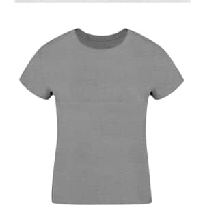A grey women's t-shirt with a crew neckline and short sleeves, featuring a logo.