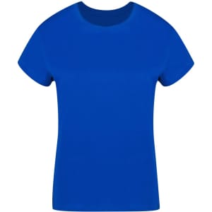 A blue women's T-shirt with a classic crew neckline and short sleeves. Features a logo on the front.