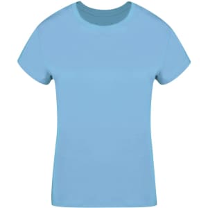 A blue women's T-shirt with a classic fit and short sleeves, featuring a logo on the front.