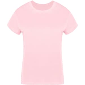 A pink women's t-shirt with a simple design and short sleeves. It has a logo on the front.