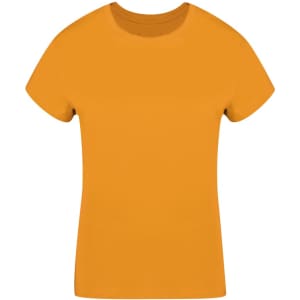 An orange women's T-shirt featuring a classic round neckline. The shirt has short sleeves and a simple design.