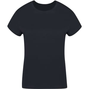 A navy blue women's T-shirt with a crew neck and short sleeves, featuring a logo on the front.
