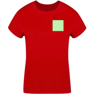 A red women's t-shirt featuring a plain green patch on the front and a casual design.