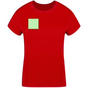 A red women's T-shirt featuring a green square patch and a logo on the front.