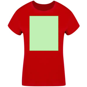 A red women's t-shirt featuring a blank green square on the front and short sleeves. It has a logo on the neck.