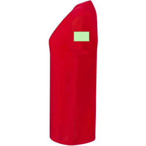 A red women's t-shirt featuring a logo on the sleeve, displayed from the side.
