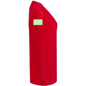 A red women's t-shirt with a plain design and a logo on the sleeve.