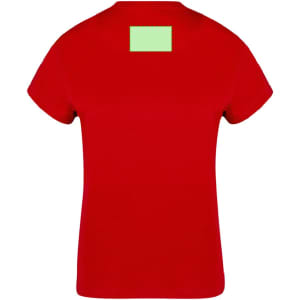 A red women's T-shirt with a blank green label on the back, featuring a classic fit and short sleeves.