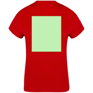 A red women's t-shirt featuring a blank green rectangular area on the back. It has a logo on the front.