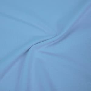 A light blue T-shirt with smooth fabric texture, featuring a logo. Suitable for kids.