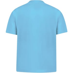 A light blue children's T-shirt with a simple design and a logo on the back.
