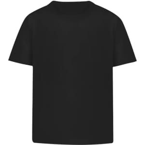 A black T-shirt with a loose fit, featuring a round neckline and short sleeves. It has a branding logo on it.