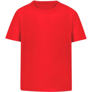 A red kids' t-shirt with short sleeves, featuring a simple design and a logo.