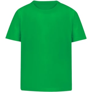 A bright green children's T-shirt with a classic crew neckline and short sleeves. It features a logo.