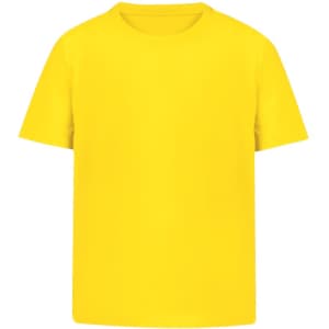 A yellow t-shirt with a crew neck and short sleeves. The shirt features a logo on the front.