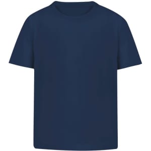 A navy blue kids' t-shirt featuring short sleeves and a plain design. The shirt has a branding logo.