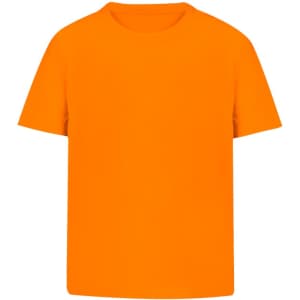 An orange kids' t-shirt with a crew neck design and short sleeves. It has a logo on it.