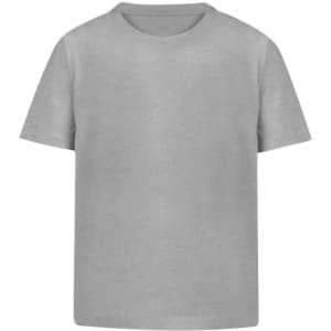 A grey children's t-shirt with a simple design and short sleeves. It features a logo on the front.