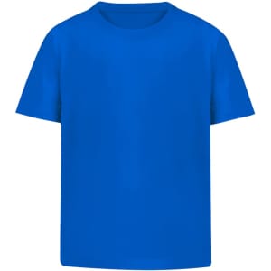 A blue T-shirt with a round neck and short sleeves, featuring a logo on the front.