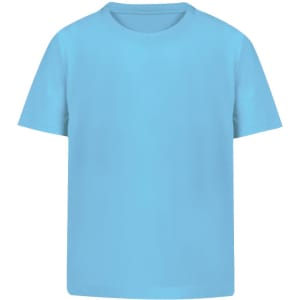 A light blue children's T-shirt with a round neckline and short sleeves. It has a plain design and features a logo.