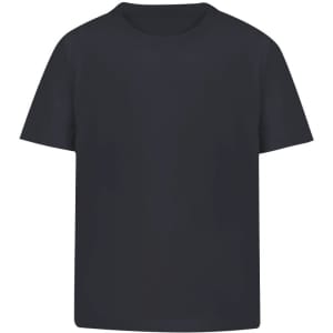 A navy blue kids' T-shirt with a classic crew neck and short sleeves. It features a branding logo.
