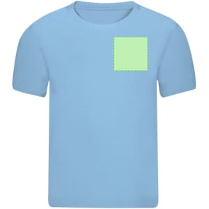 A light blue kids' t-shirt featuring a green square patch on the front and a simple rounded neckline.