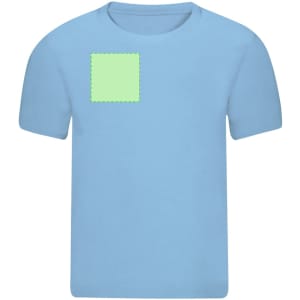 A blue children's t-shirt featuring a green square patch on the front; includes a logo.